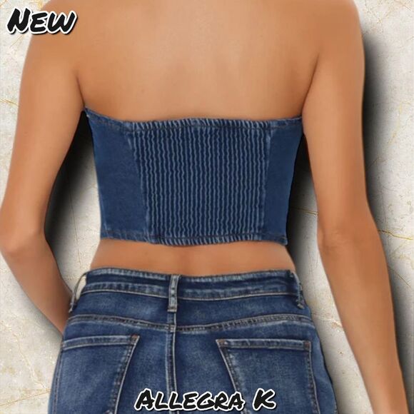 New NWT Allegra K Button Front Strapless Denim Crop Top - Size Small - Picture 2 of 9